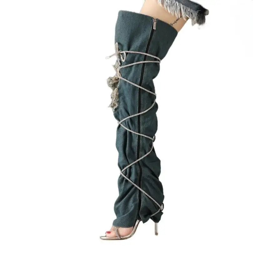 

Over The Knee Women Boots 2023 Winter Luxury Heel High Denim Sexy Thin Heels Cross Strap Women Sandal Plus Size 43 Dropshopping