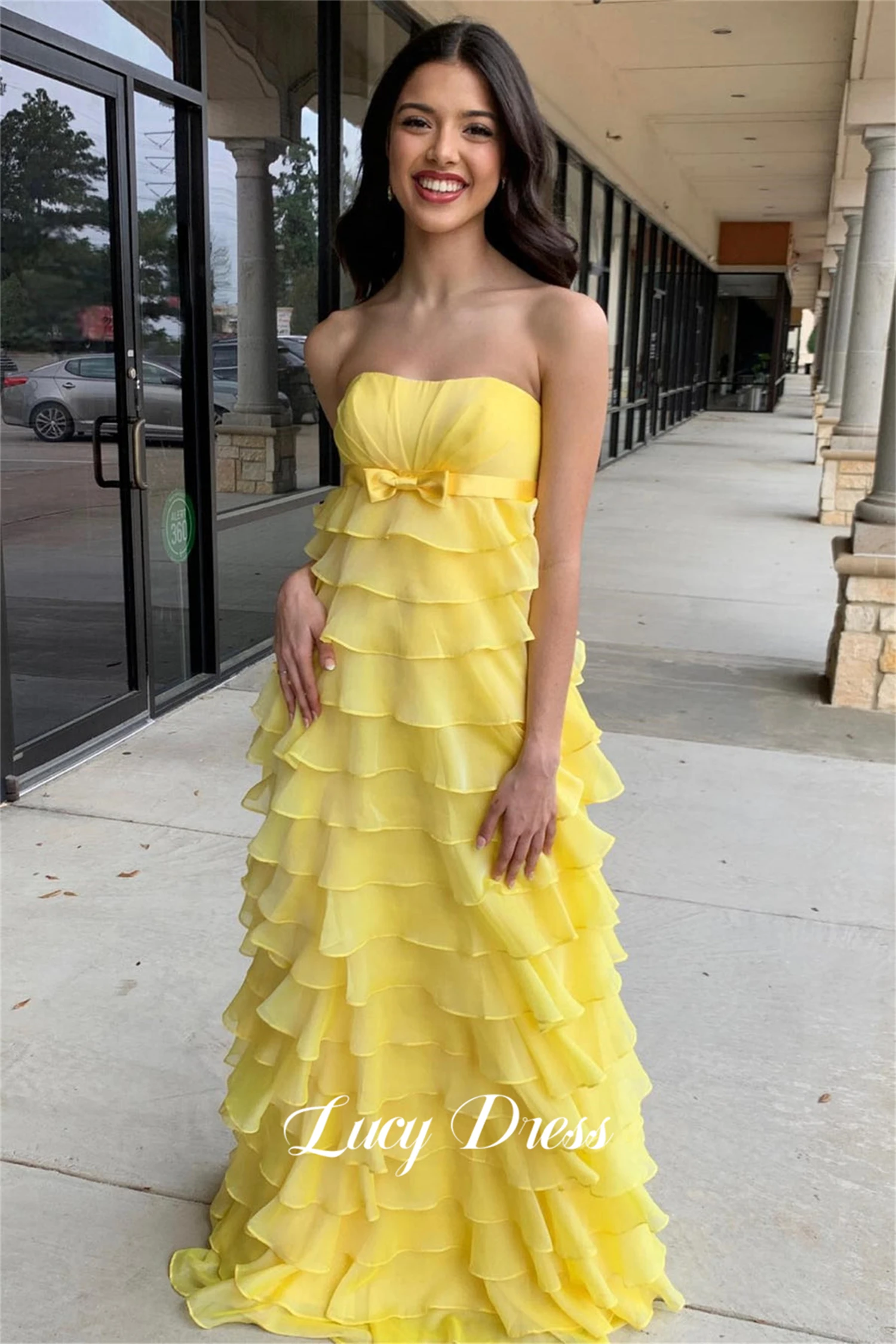 

Lucy Strapless Graduation Gown Ball Party Dress Chiffon Layered Straight Lines Luxurious Women's Evening Dresses Wedding Prom