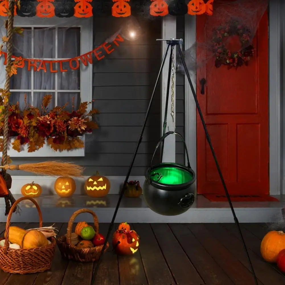 

Witch Cauldron Decor Outdoor Decoration Enchanting Halloween Witch Cauldron on Tripod with Green Lights Spooky Black for Home