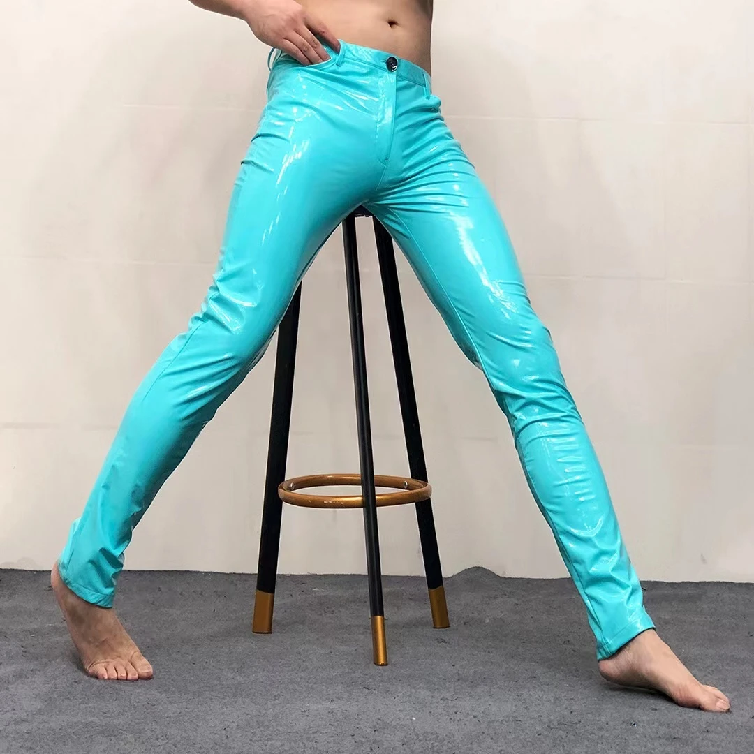 Men's Sexy Leather Pants Leather Motorcycle Pants Blue Leather