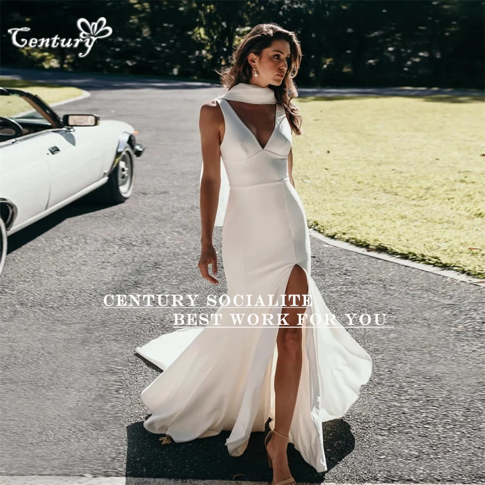 Backless Mermaid Wedding Dress Women V-Neck Side Slit Crepe Civil Bride Dresses Boho Bridal Gowns Vestidos de Novia Customized wedding dresses