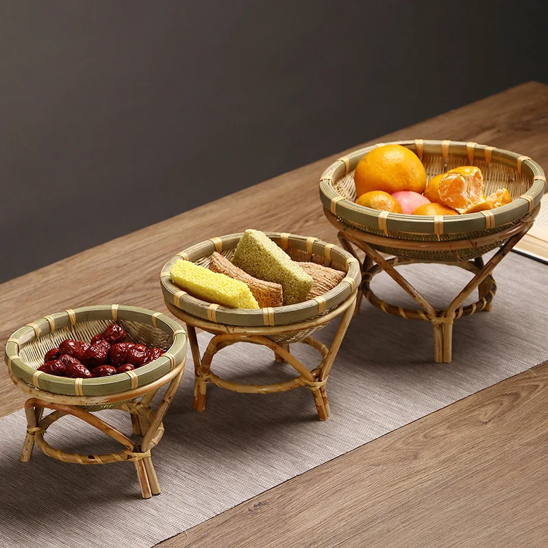 

handmad Woven Wicker bamboo fruit Storage basket Food Bread Organizer Kitchen Decorative Dish Round Plate