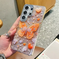Luxurious Sparkling Diamond Butterfly Pearl Pattern Bling Glitter Silicone Case - Galaxy S23 Ultra (Orange - XZ012223)