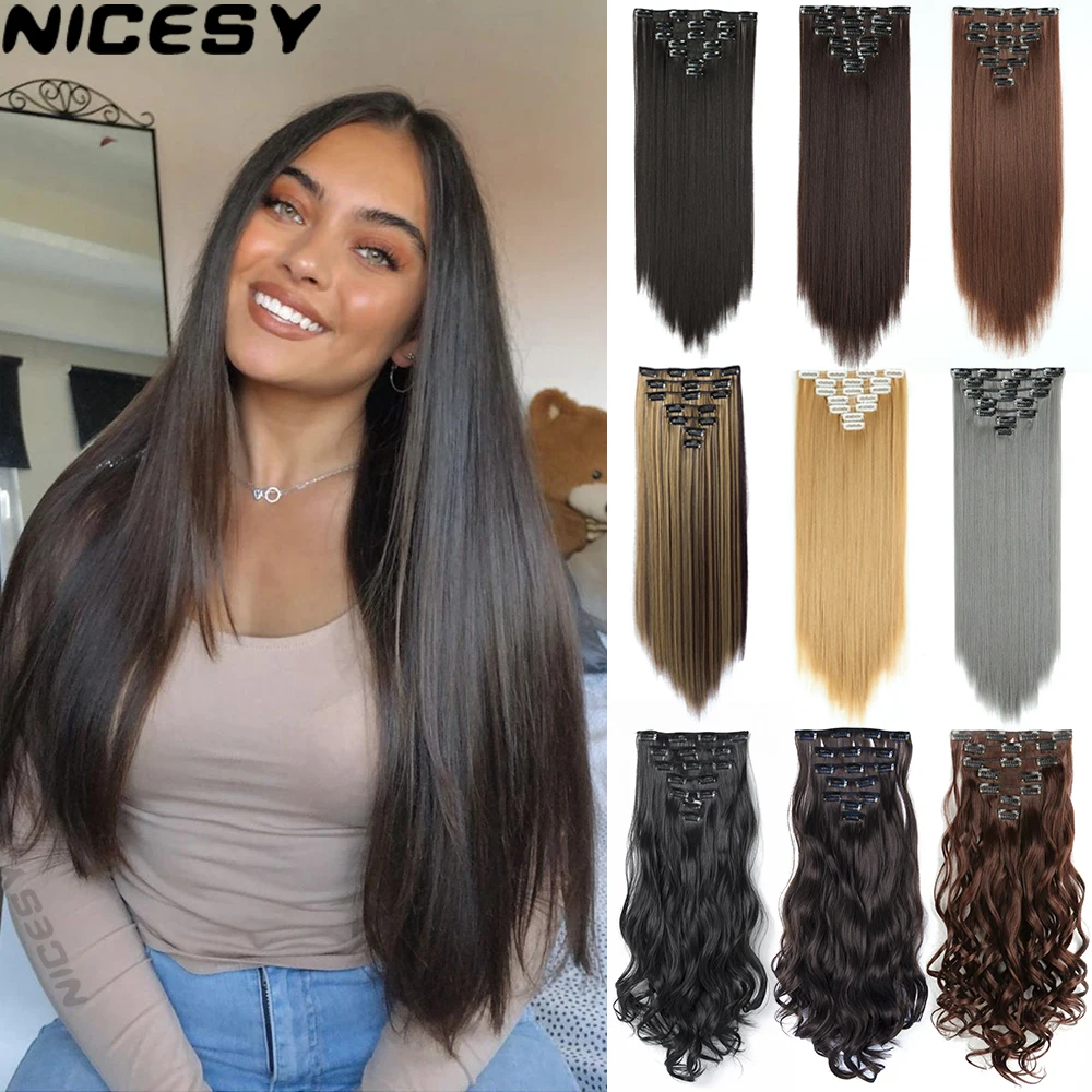 Synthetic 7Pcs/Set 16 Clips Long Straight Hair Hairpiece Clip In Fake Hair Heat Resistant Black blonde mixed color Use For Women manwei long straight women clip in hair extensions black brown high tempreture synthetic 5 clips hair piece hairpiece