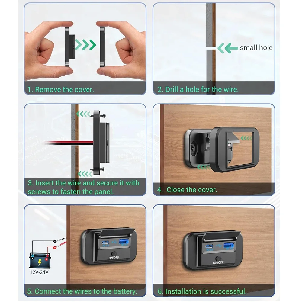 12V RV 타입 C USB 콘센트 (전원 스위치 포함) 36W QC3.0 USB 55W PD 타입 C 고속 충전 소켓 (오토바이용 방수 커버 포함)