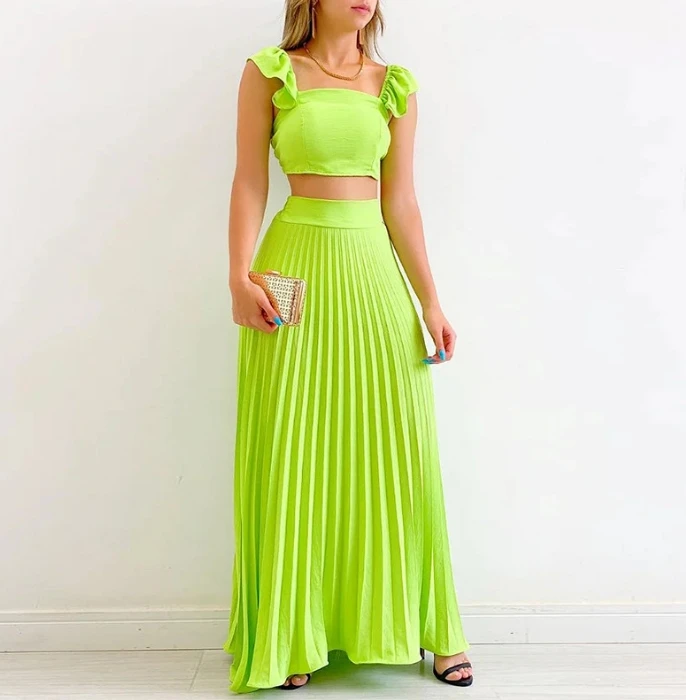 Skirts Set Women 2 Piece Solid Color Short Tank Top New Summer High Waist Pleated Half Long Skirt Casual Style Fashion Skirt Set