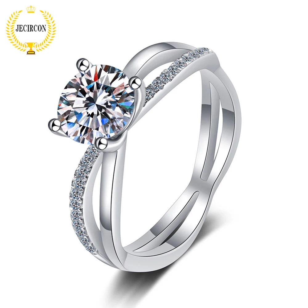 

JECIRCON S925 Sterling Silver Moissanite 1 Carat Ring for Women Fashion 4-claw Cross Hollow Double Layer Ring Daily Accessories