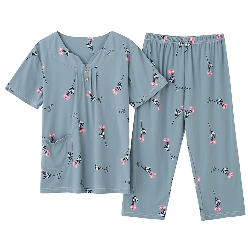 Big Yards XXXXL summer sleepwear women pajamas sets v-neck floral short sleeve pajama suit cotton women homewear suit soft women pajamas set women pajama suit cotton pajamas set