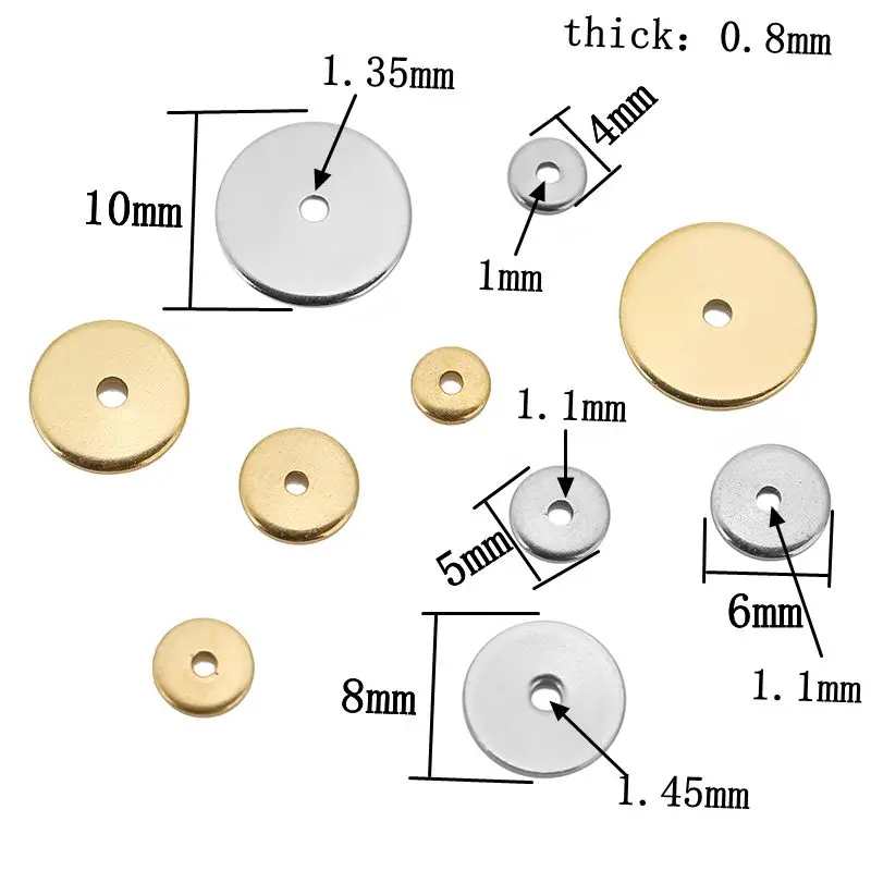 50pcs 4 5 6 8 10mm Stainless Steel Flat Disc Spacer Beads Gold Blank Round Loose Beads for DIY Bracelets Necklace Jewelry Making