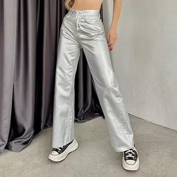 Women Fashion Gold Silver High Waist Straight Pants Vintage Pockets Elegant Loose Fit 4