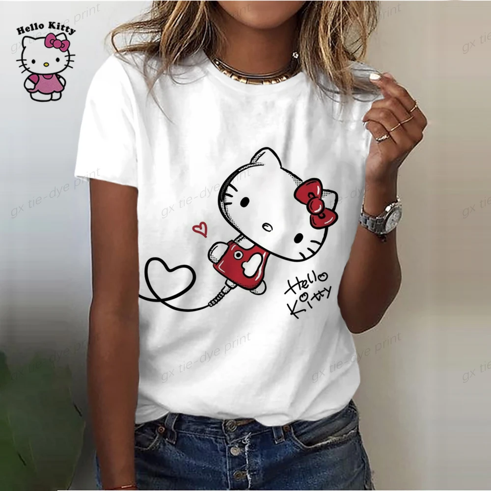 thumbnail image 1 of Camiseta de algodón de Hello Kitty para mujer, camiseta de verano con estampado de dibujos animados y cuello redondo, camisa de manga corta para mujer, chándal, ropa holgada, 1 of 5