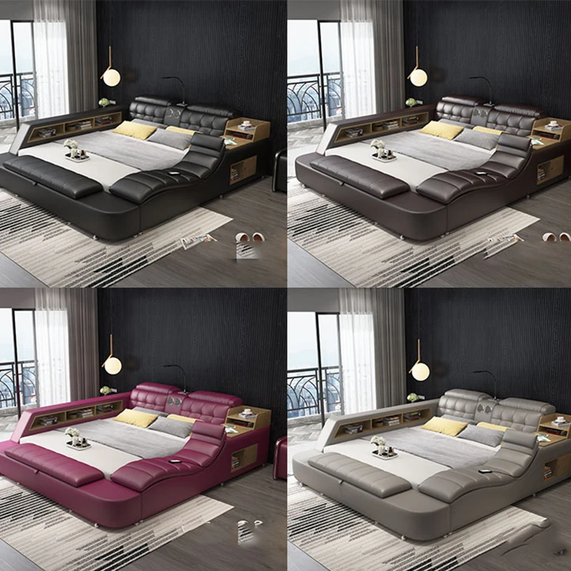 GenuineLeatherBedFrameSoftBedsMassagerStorageSafeSpeakerLed