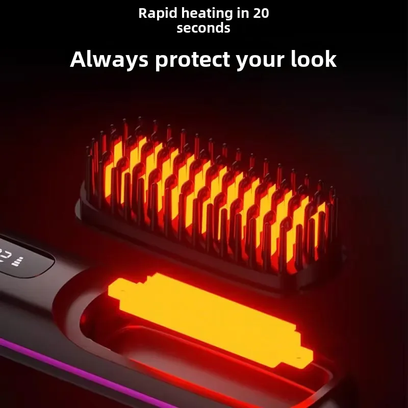 LCD Straight Hair Comb Portable Travel Hair Straightener Anti-Scald Heated Styling Brush USB Charging Cordless Straightener