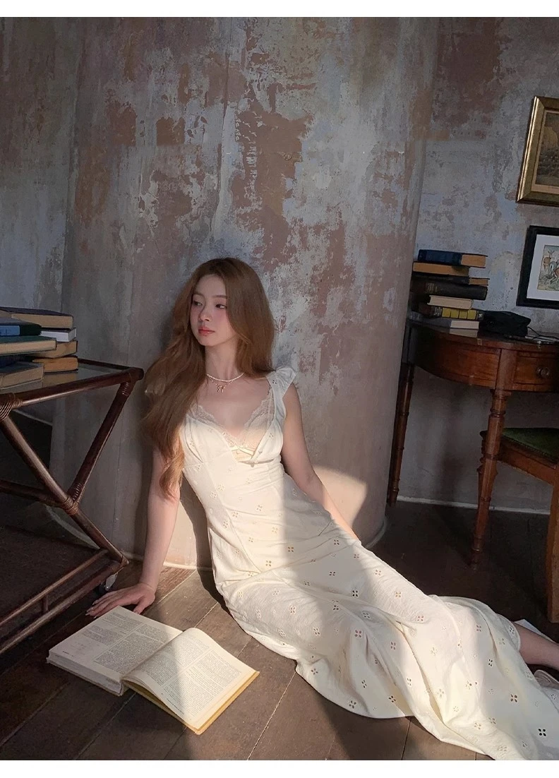 New Summer Hollow Out Midi Dress Women V-neck Vocation French Style White Dress Elegant Casual Korean Fashion Slim Vestidos 2025