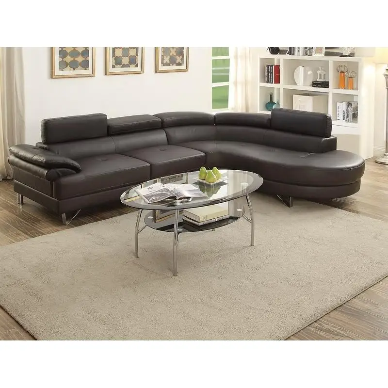 Espresso Faux Leather 2pc Sectional Sofa Set with Flip-up Headrest for Luxurious Living Room