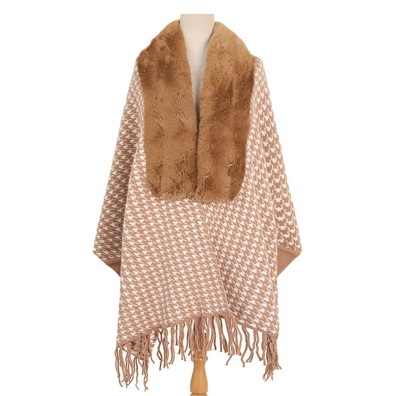 Autumn Winter New Imitation Wool Collar Knitted Shawl Women Warm Tassels Long Sleeve Poncho Lady Capes Pink Cloaks wool scarf spot wholesale women s new winter warm fashion plaid scarf thickened birthday gift shawl pink direct selling cheap