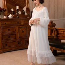 

Vintage Mesh Women Sleepshirts Sexy O-neck Lace Nightgown Full Sleeve Perspective Pyjamas Sleepdress Intimate Sweet Nightwear