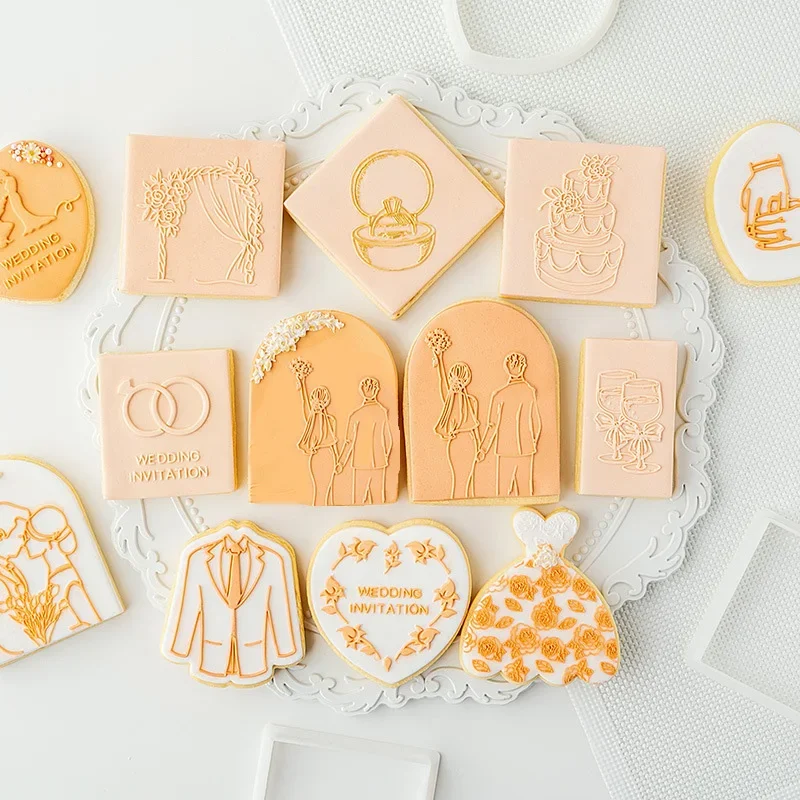 Wedding Dress Embossed Cake Mold Acrylic Bride Ring Cookie Press Stamp Embosser Cutter Fondant Sugar Craft Cake Decoration Tools cookie cutter baking mold cookie mould cookie printing mold fondant cutter baking decorating tools cookie maker press kit cake lace mold