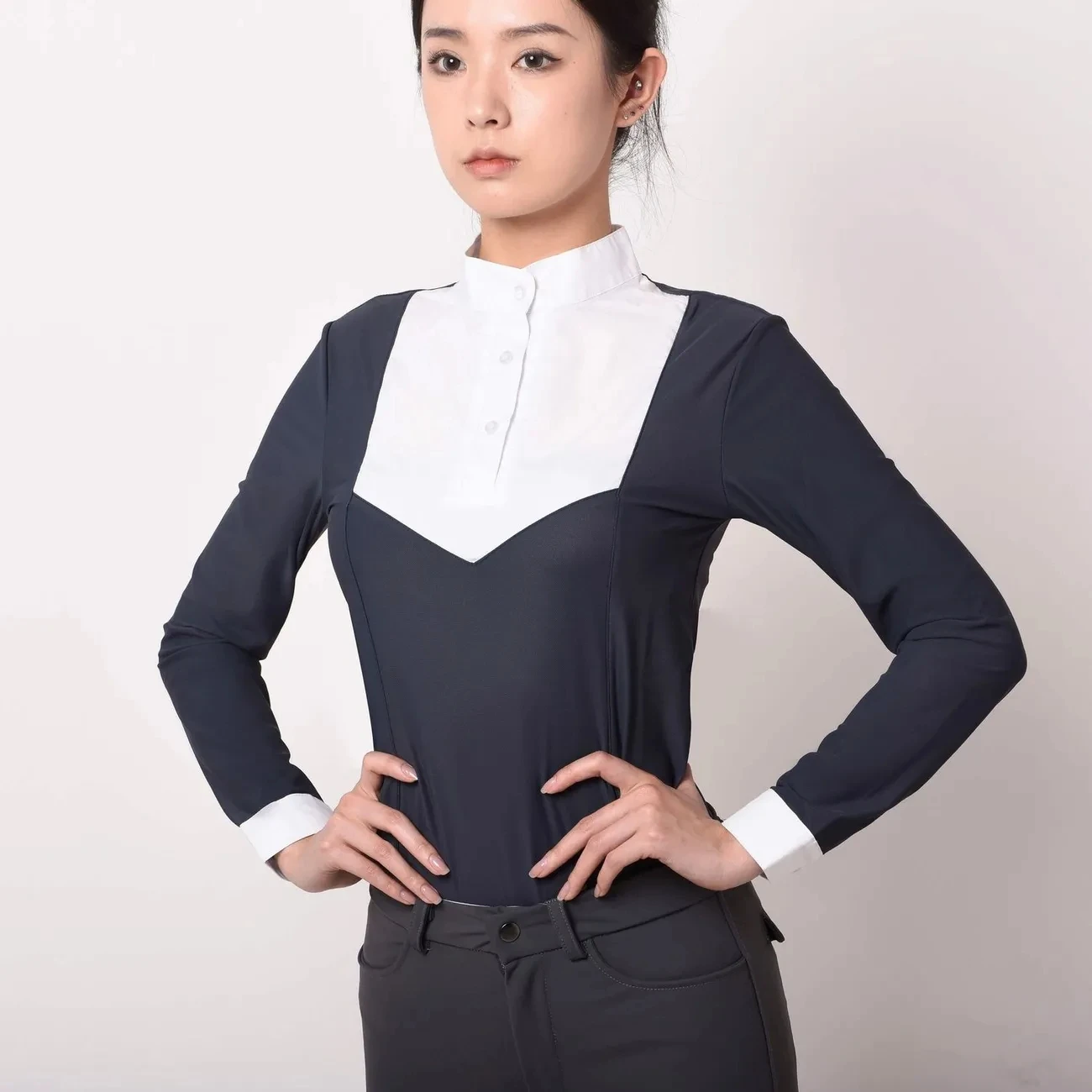 Women's Equestrian Long Sleeve Riding Top Show Shirt Patchwork Design Sleeve Riding T-Shirts Competition Equestrian Polo Shirts 3