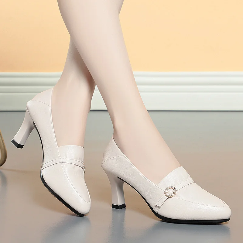 

Spring Causal Comfort Loafers Shoes Women Medium Heels Leather Black Work Professional Single Shoe New Soft Leather Shoes