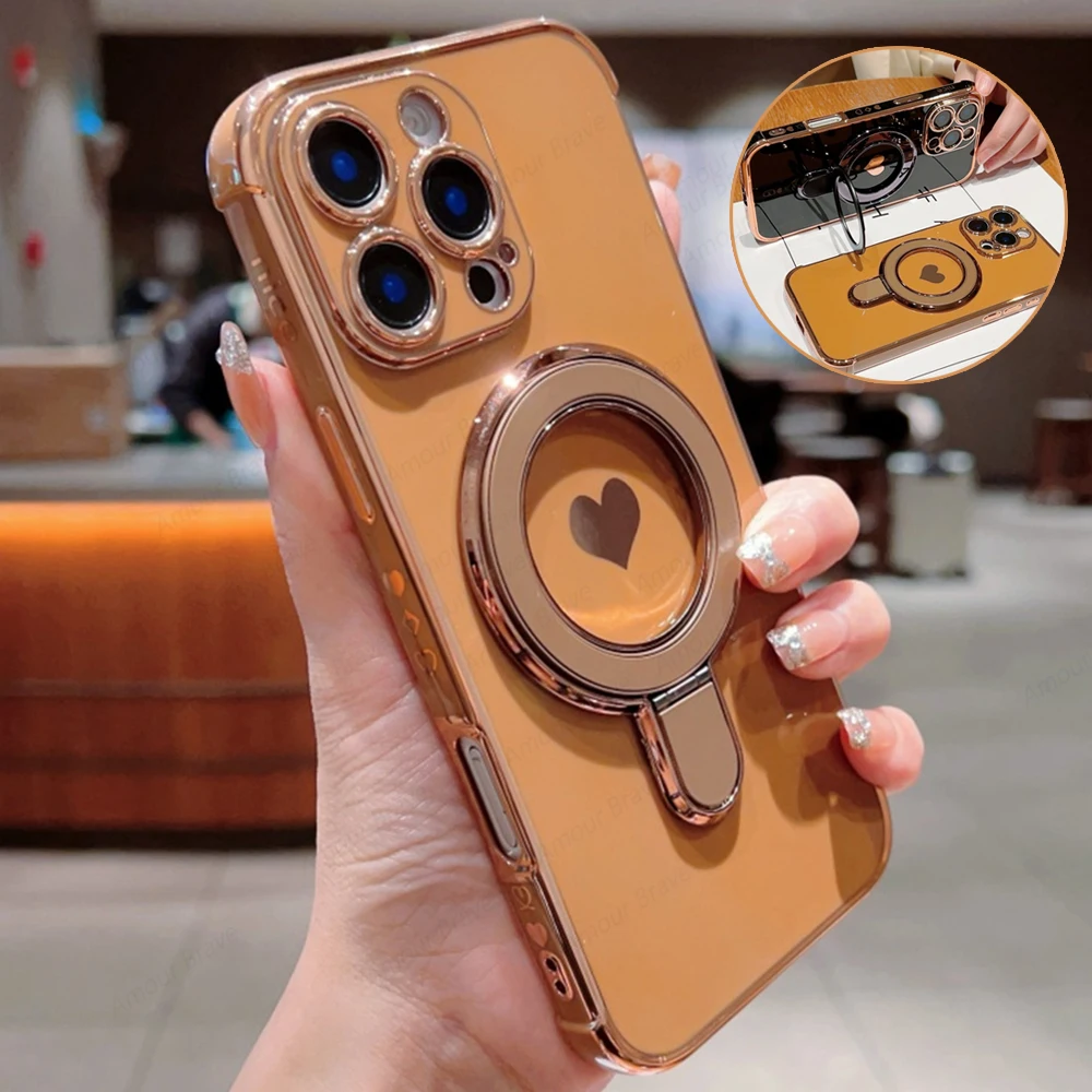 Magnetic Love Heart Stand Holder Phone Case with Plating