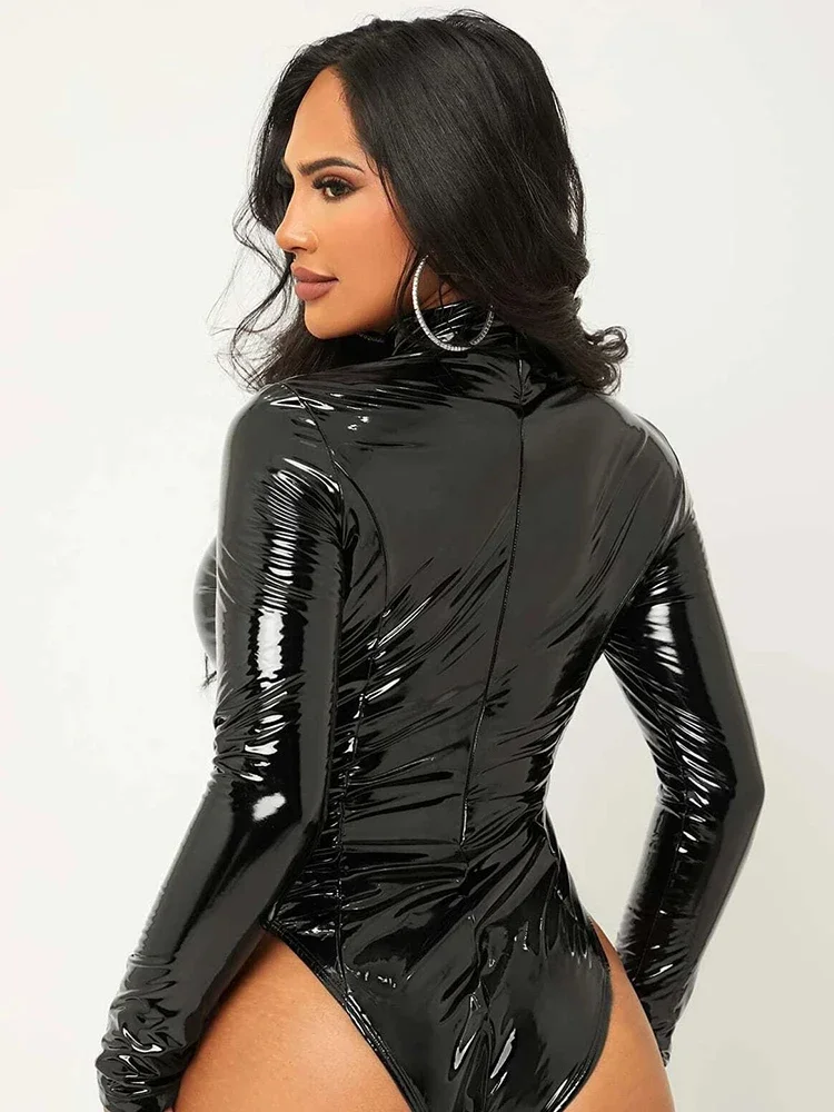 

High Neck Faux Latex Bodysuit Long Sleeve Women Sexy Bodycon PVC Jumpsuits Ladies Stretchy PU Leather Rompers Clubwear Custom