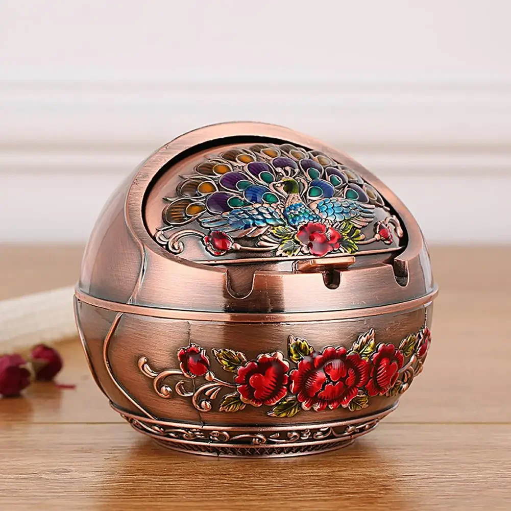 Portable Ashtray Windproof Ash Tray Vintage Zinc Alloy Flower Pattern Globe-Cigarette Ashtray Lid-Tabletop