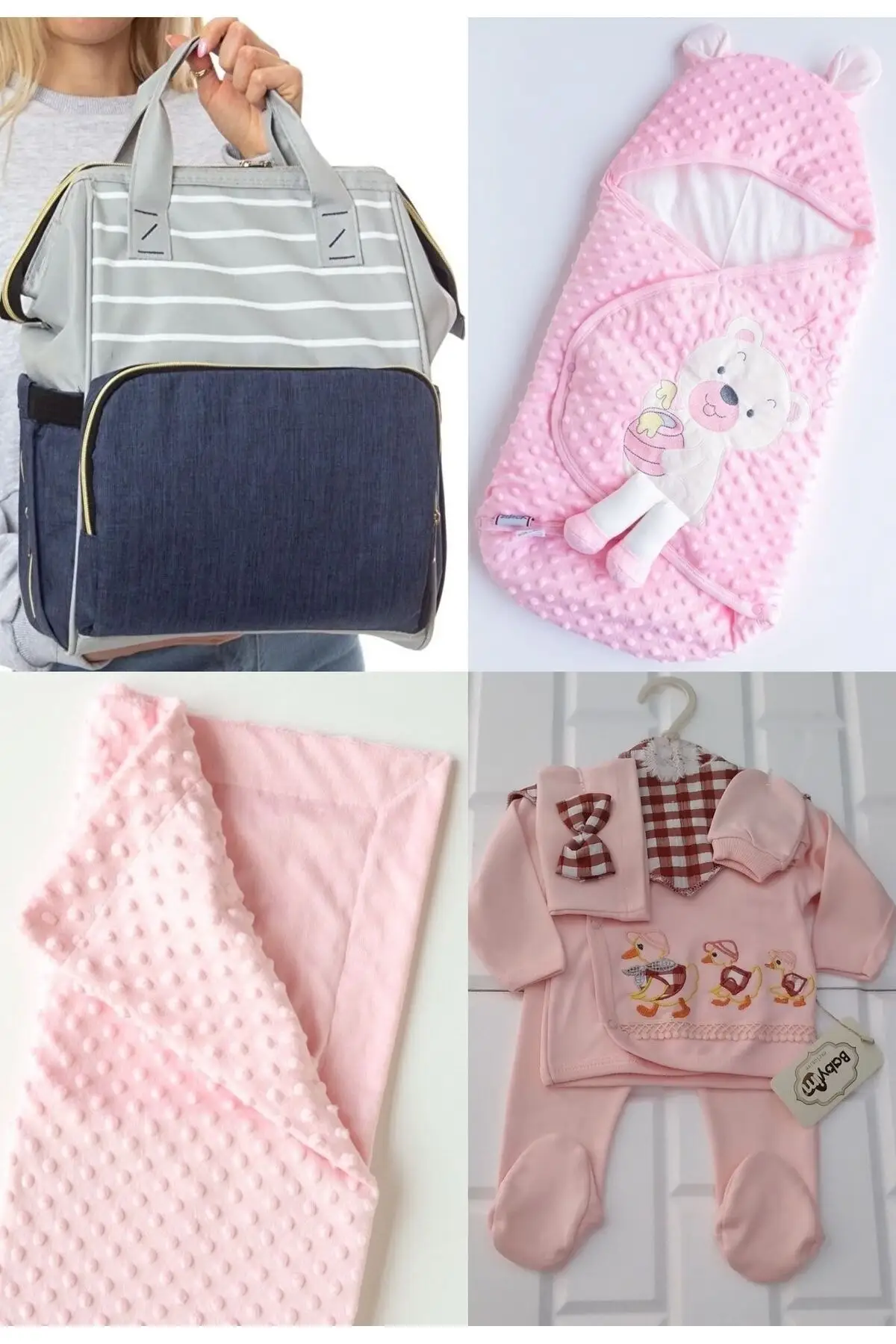 

4 Piece Large Birth Set (Baby Care Backpack, 100% Cotton Swaddle, Chickpea Blanket, Hospital Out) Cotton