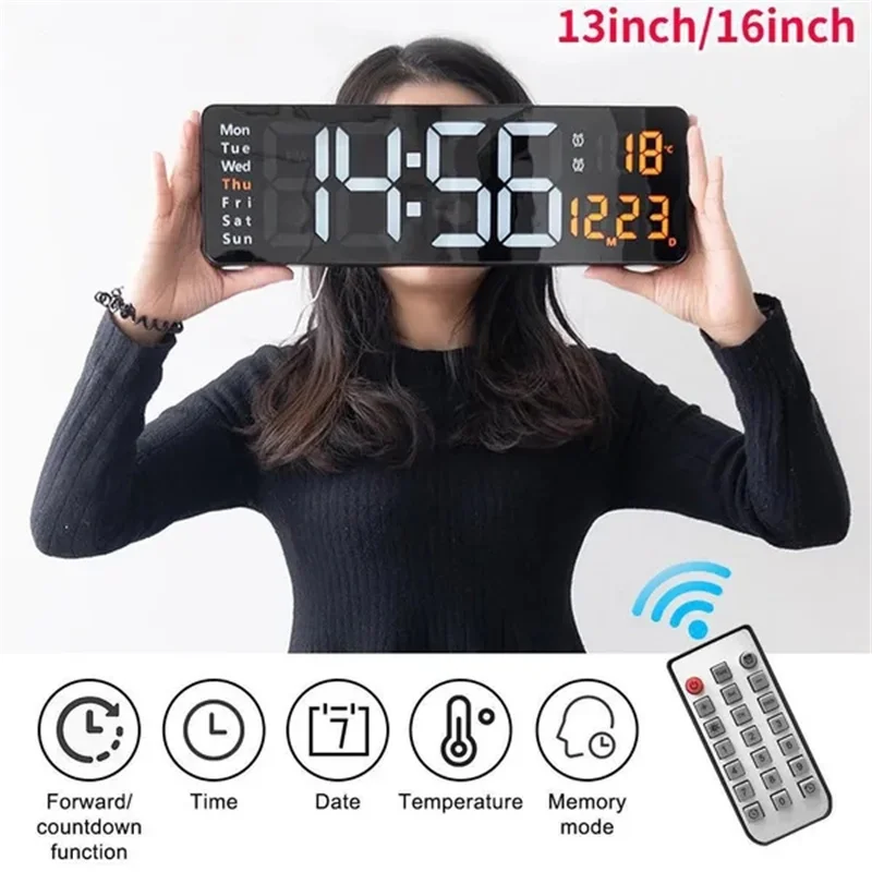 13/16inch Wall-mounted Digital Wall Clock Remote Control Large Wall Clocks Temp Date Week Display Memory Table Clock wall clock,digital wall clock,digital display clock