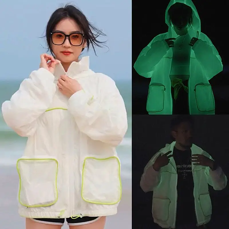 New Men's Night Light Breathable Sunscreen Clothing Trendy and Versatile Loose Hooded Coat Men's and Women's Sprint Coat