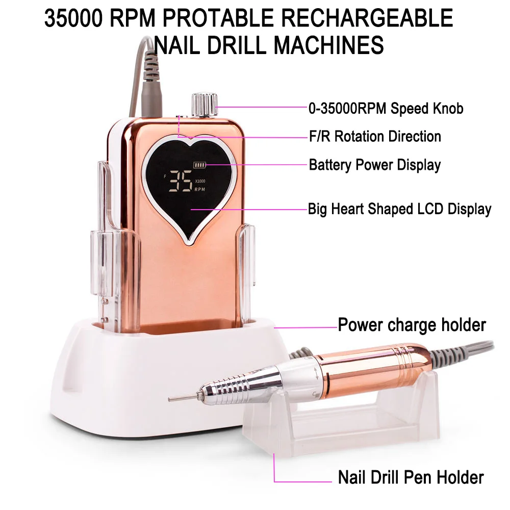 Nail Drill Rechargeable For Manicure drill para unas 35000 RPM Heart Portable Desktop Coldless Adjust Speed Low Noise Nail Drill 2