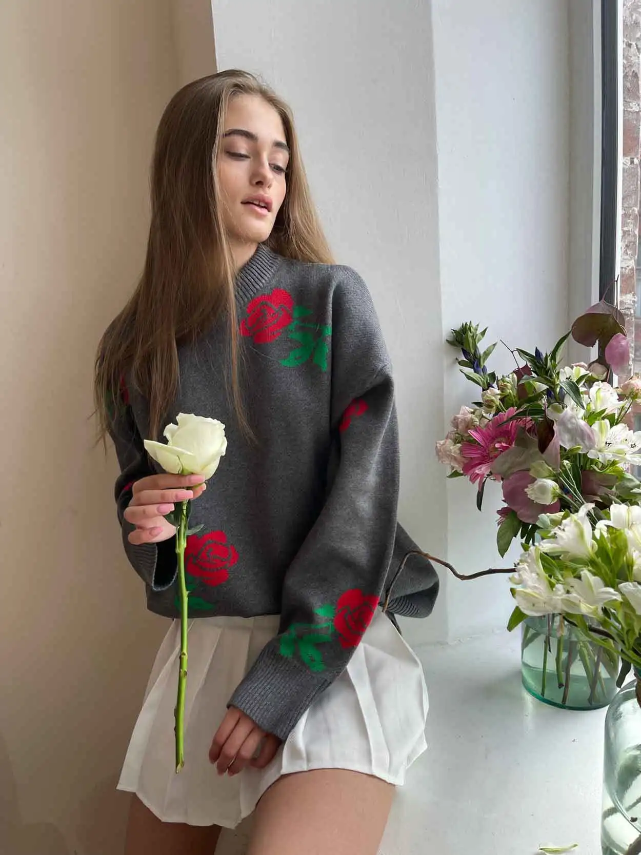 Autumn Knit Sweater Pullover Women's Printed Long Sleeve High Waist Ribbed Fashion Loose Knitwear Top Female Sweater