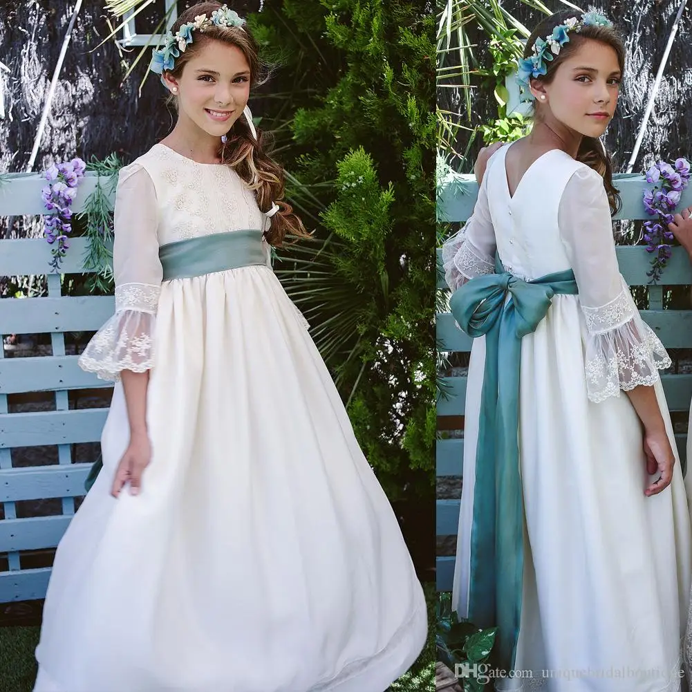 

Romantic French Lace Flower Girl Dresses Vestidos Primera Comunion Para Ninas 3/4 Long Sleeves & Jewel Neck Different Color