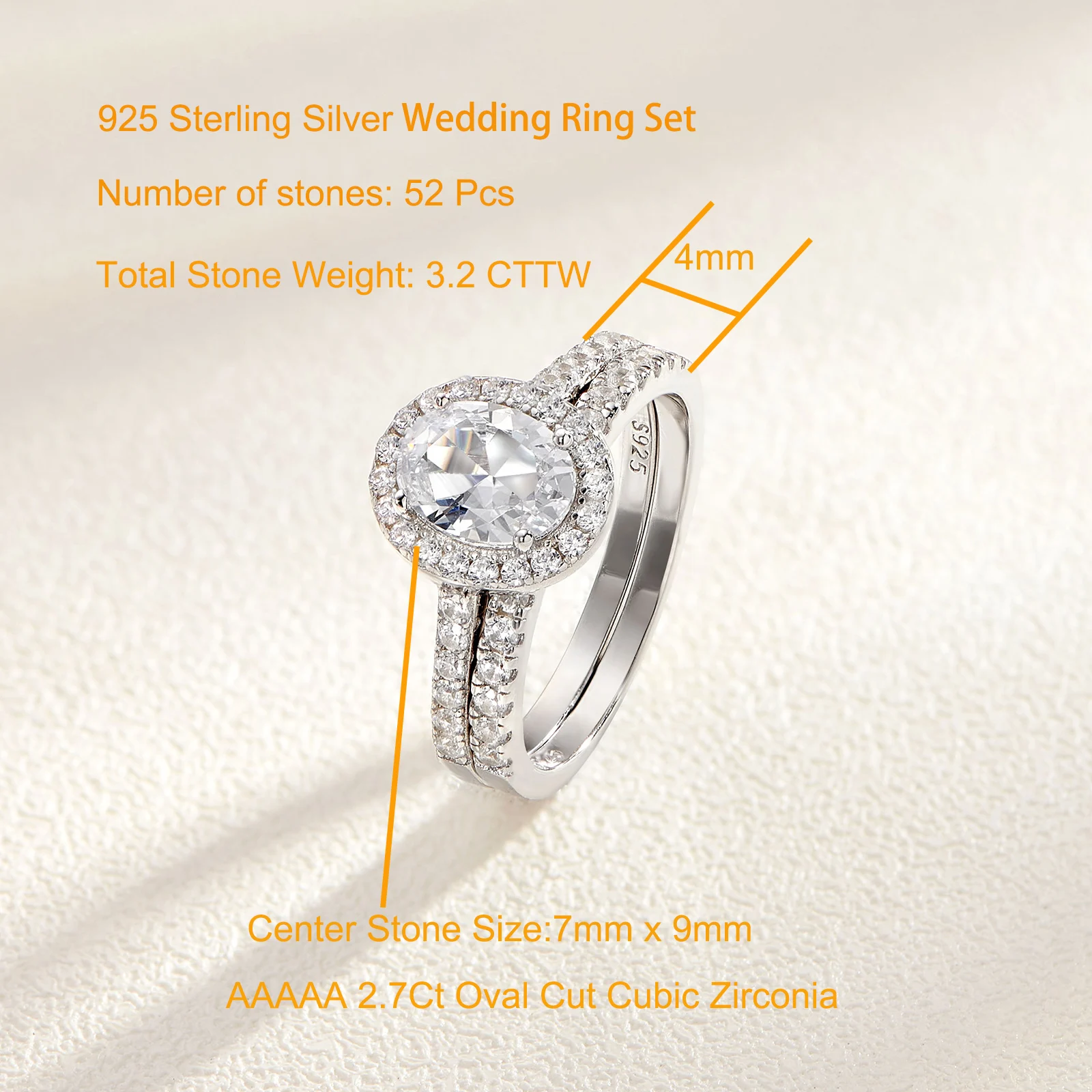 925 Sterling Silver Cz Halo Wedding Band Engagement Rings Set Size