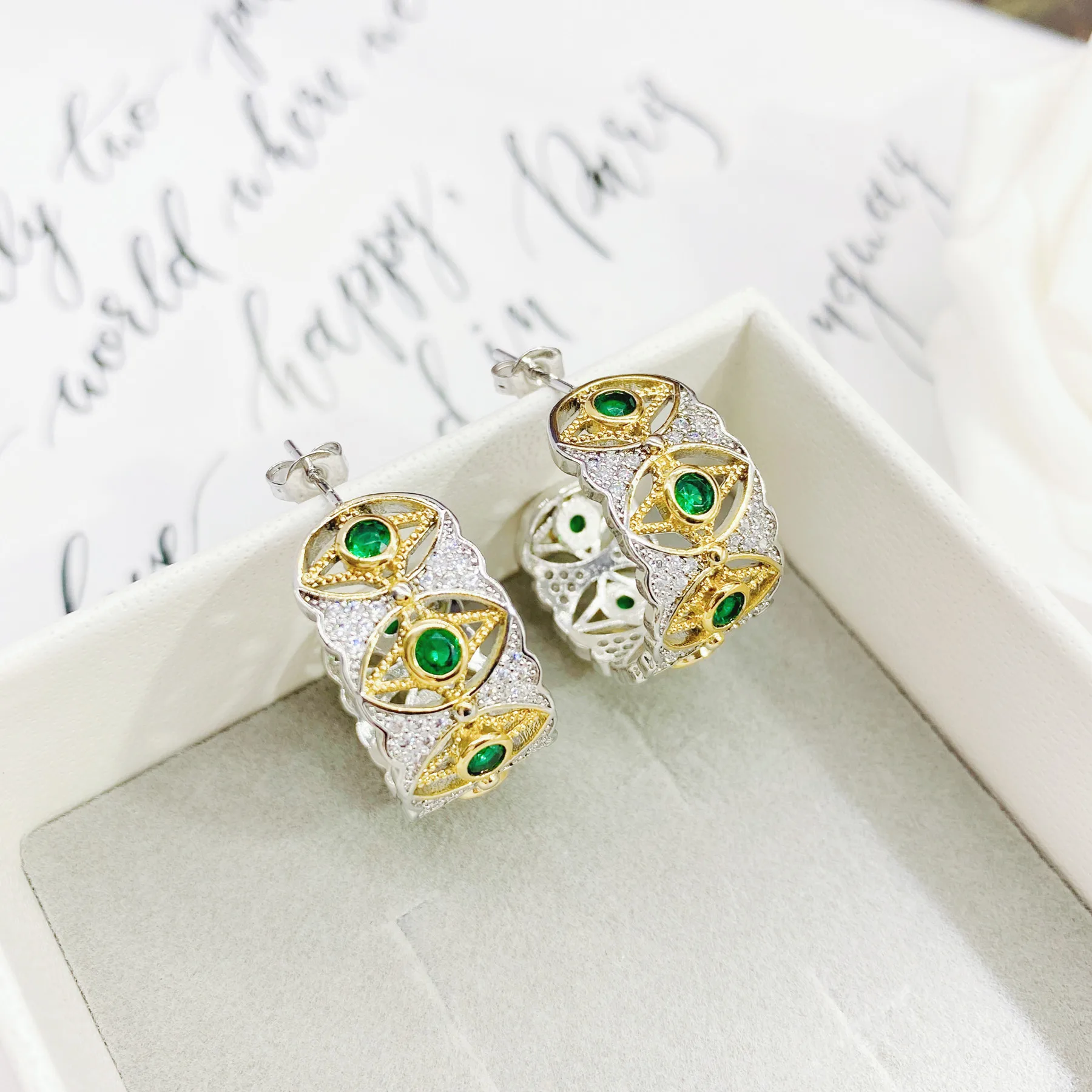 

Vintage Medieval Emerald Star Moon Eye Ring Earrings Set Women Luxury Fine Jewelry 925 Sterling Silver