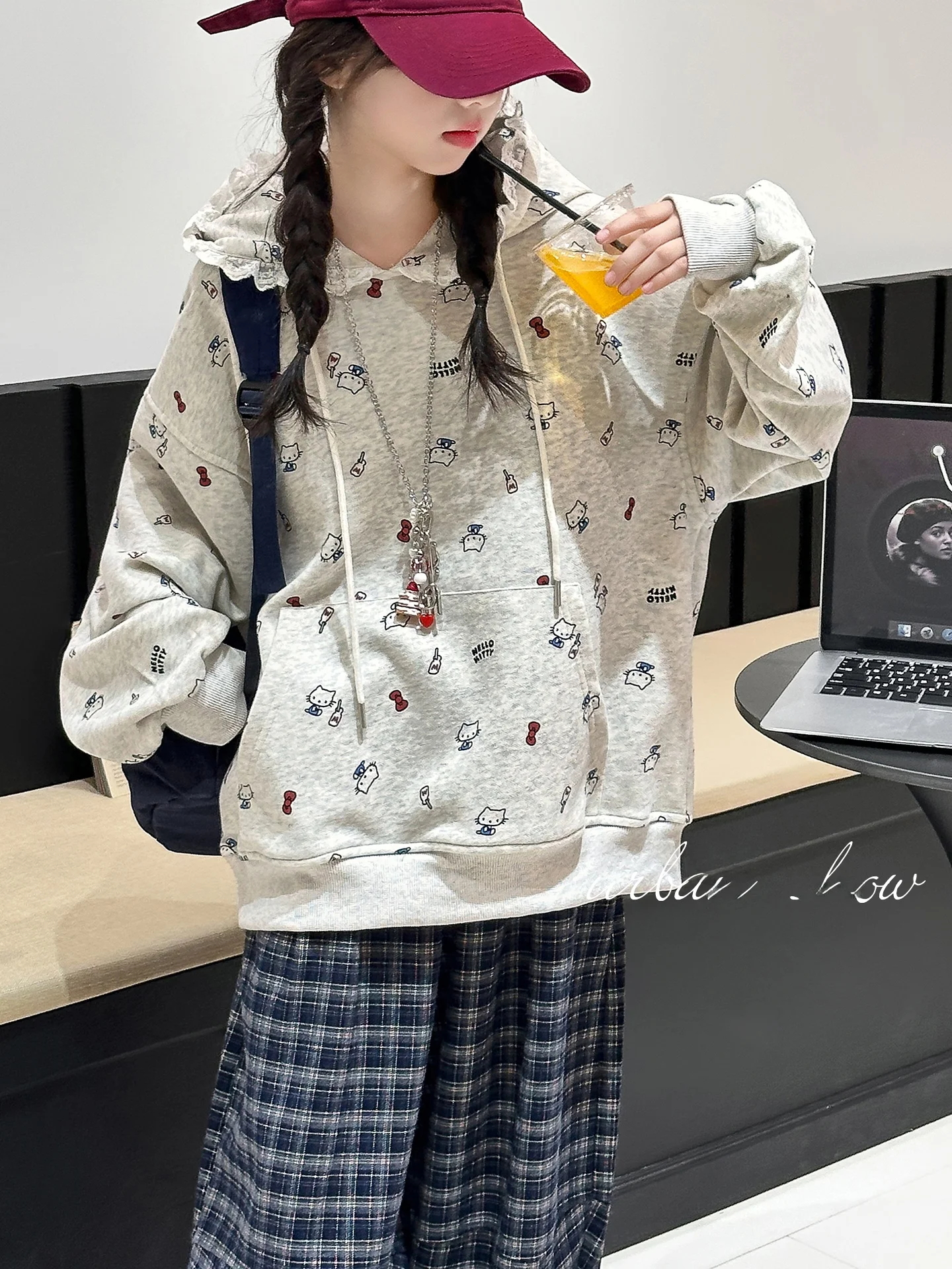 한국 스타일 여아 후드티 봄 가을 면 소재 루즈핏 긴팔 귀여운 스타일 중학생 아우터웨어