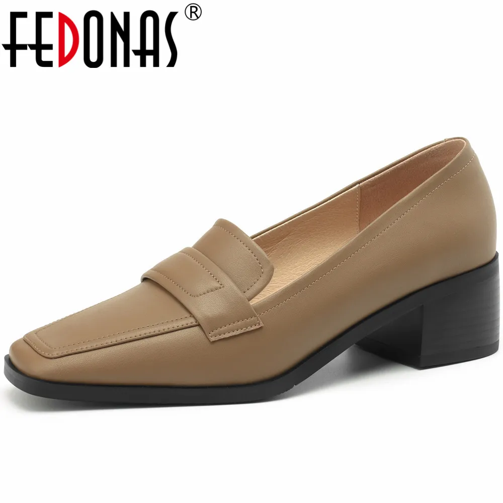

FEDONAS Classic Women Pumps Spring Summer Genuine Leather Square Toe Thick Heels Mature Office Lady Working Shoes Woman Basic