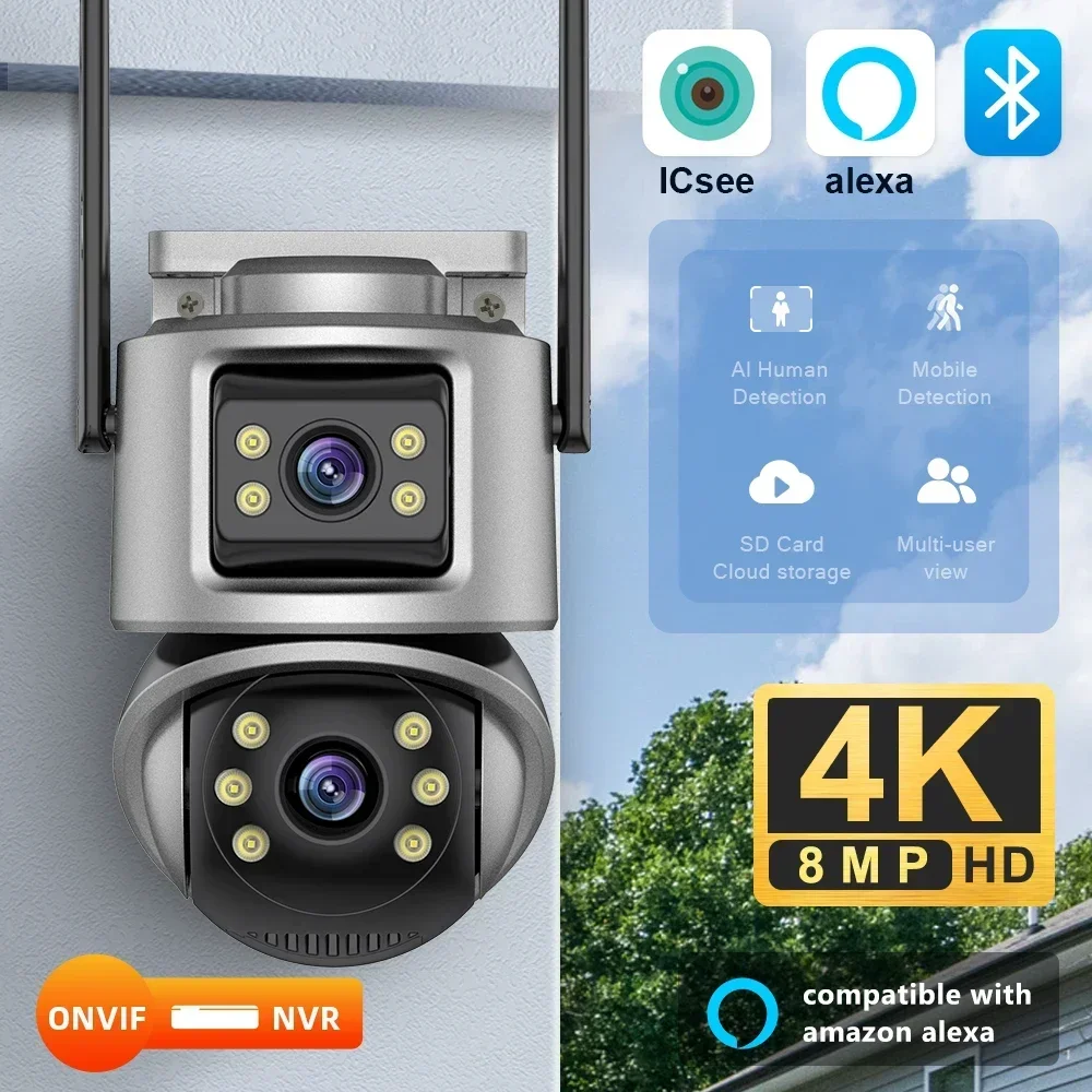 

4K 8MP HD Wifi PTZ Camera Outdoor 6MP Dual Lens Dual Screen AI Auto Tracking IP Camera CCTV Audio Video Surveillance P2P Icsee