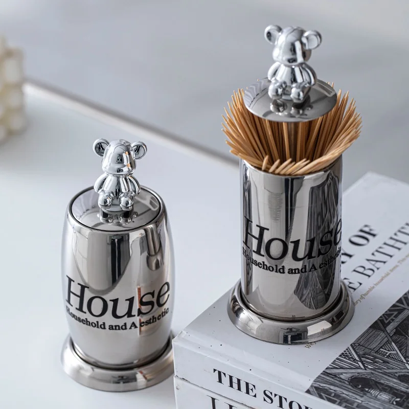 

Stainless Steel Bear Toothpick Dispenser Holder, Automatic Pop-Up Type, Dining Personalized Box, Light Luxury, Household