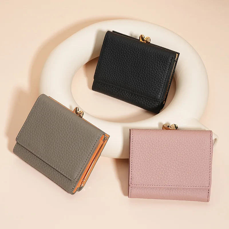 Genuine Leather Women Wallet Luxury Design Mental Hasp Coin Purse Female Fashion Short Wallet Card Holder Trifold Mini Clutch