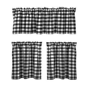 Black & White Grid Sheer Tier Curtains – Short Kitchen Window Panels 1