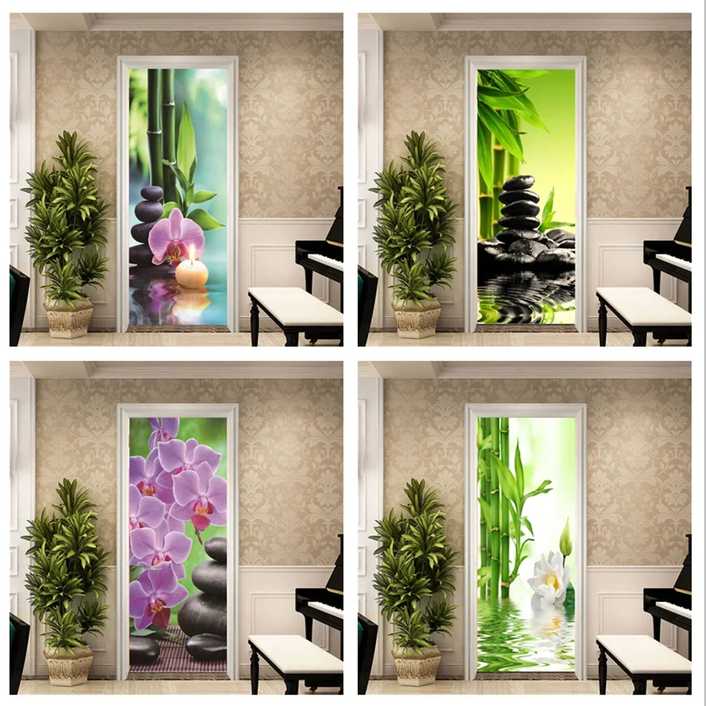 3D Deursticker Bamboe Zelfklevende Muurschildering Woondecoratie Muurstickers Slaapkamer Woonkamer Verwijderbare Poster Art Stickers-90x200cm