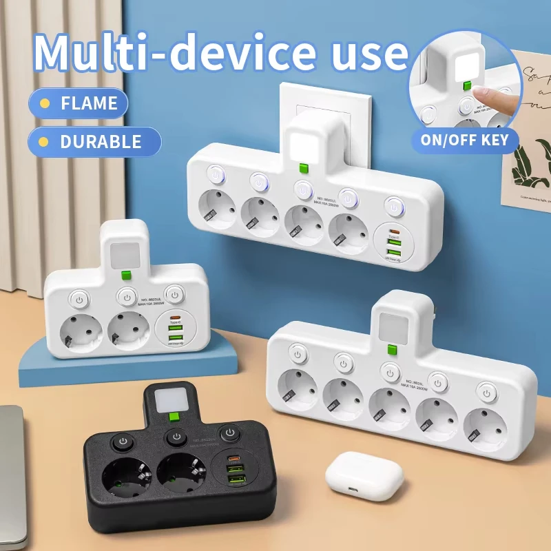 EU Plug Multitap Power Strip with 4 Outlets, 2 USB Ports, and 1 Type-C Port, 2500W Max