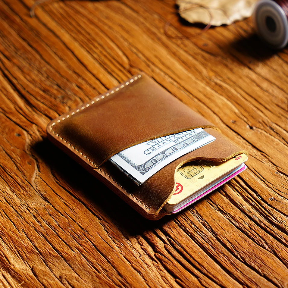 Original Handmade Top-Grain Leather Vintage Men's Card Holder Wallet Compact Casual Money Clip with Coin Pocket