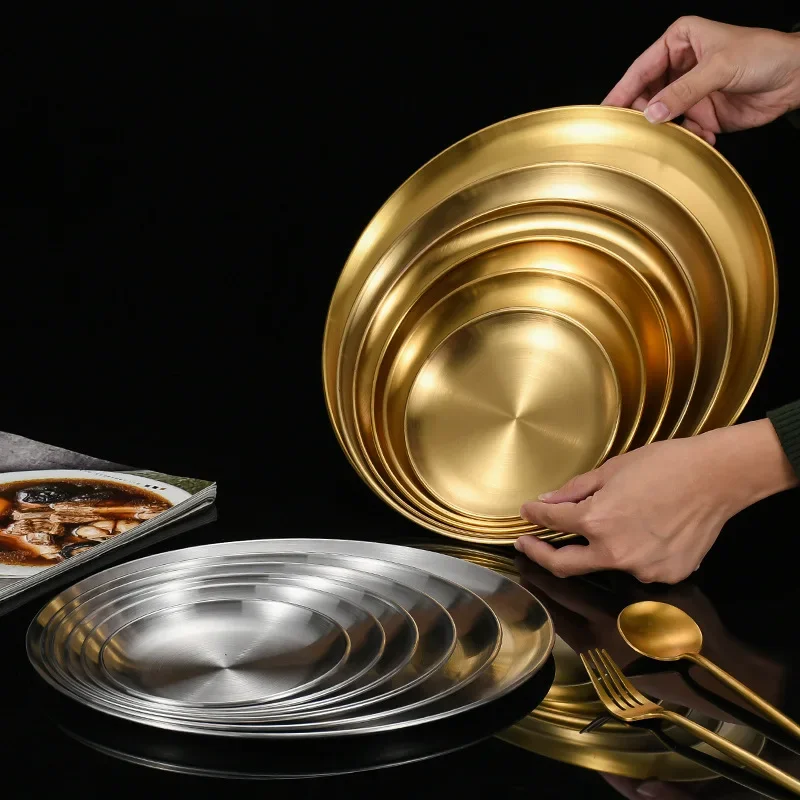 8Pcs Stainless Steel Bone Spitting Dish Korean Style Gold Shallow Tray Fork Metal Dining Disc Round Plate Dessert Tableware