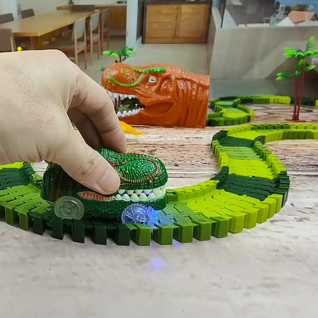 Dinosaur Race Track Car Toy Set, Flexible Train Tracks With Dinosaurs, Race Cars, Bridge, Tree, Kids Birthday Party Gift Jurassic Dinosaur World Playset Birthday Christmas Party Gift For Boys Girls