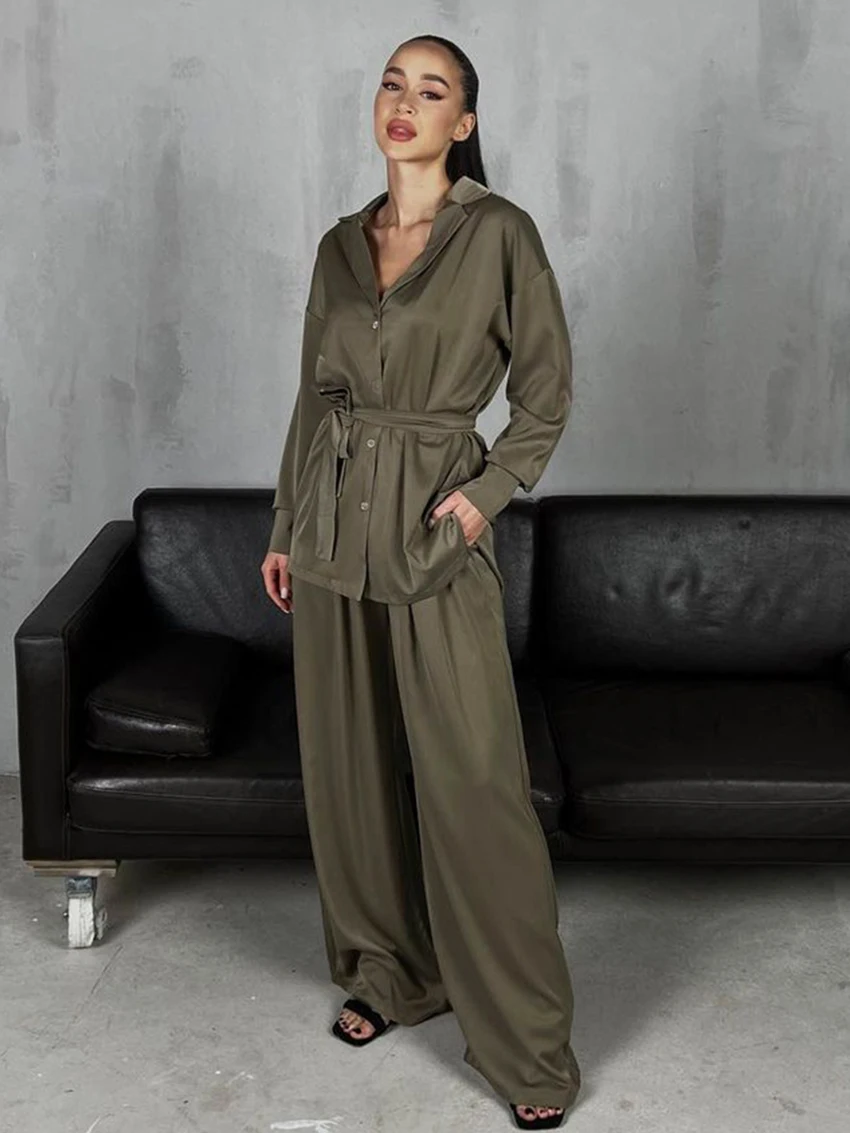 Marthaqiqi Fashion Women Sleepwear Suit Sexy Turn-Down Collar Nightwear Long Sleeve Lace Up Pajama Wide Leg Pants Nightgowns Set