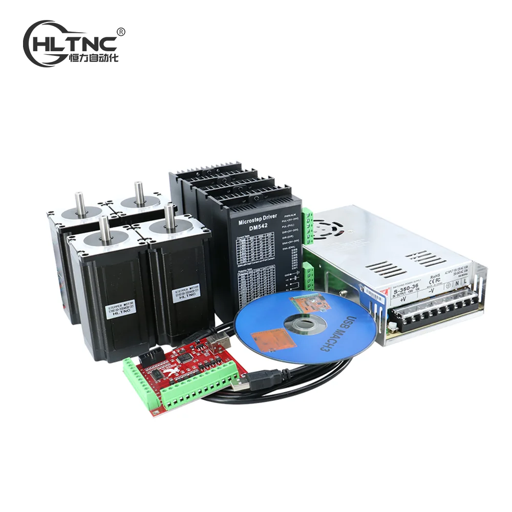 HLTNC CNC 조각기용 4 축 키트, 3A 3N.M Nema23 425, Oz-in 스텝퍼 모터, DM542 드라이버, 350W 전원 공급 장치, MACH3 컨트롤러 카드