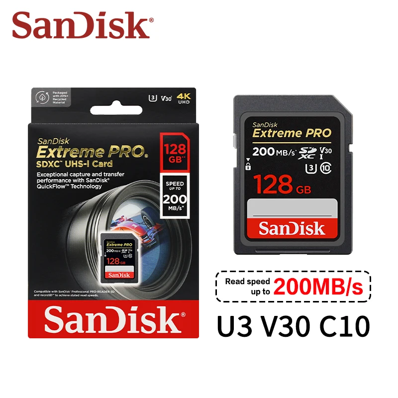 100% SanDisk 익스트림 프로 SD 카드, SLR 카메라용, 클래스 10 SDXC 메모리 카드, 128GB, 64GB, 최대 200 MB/s