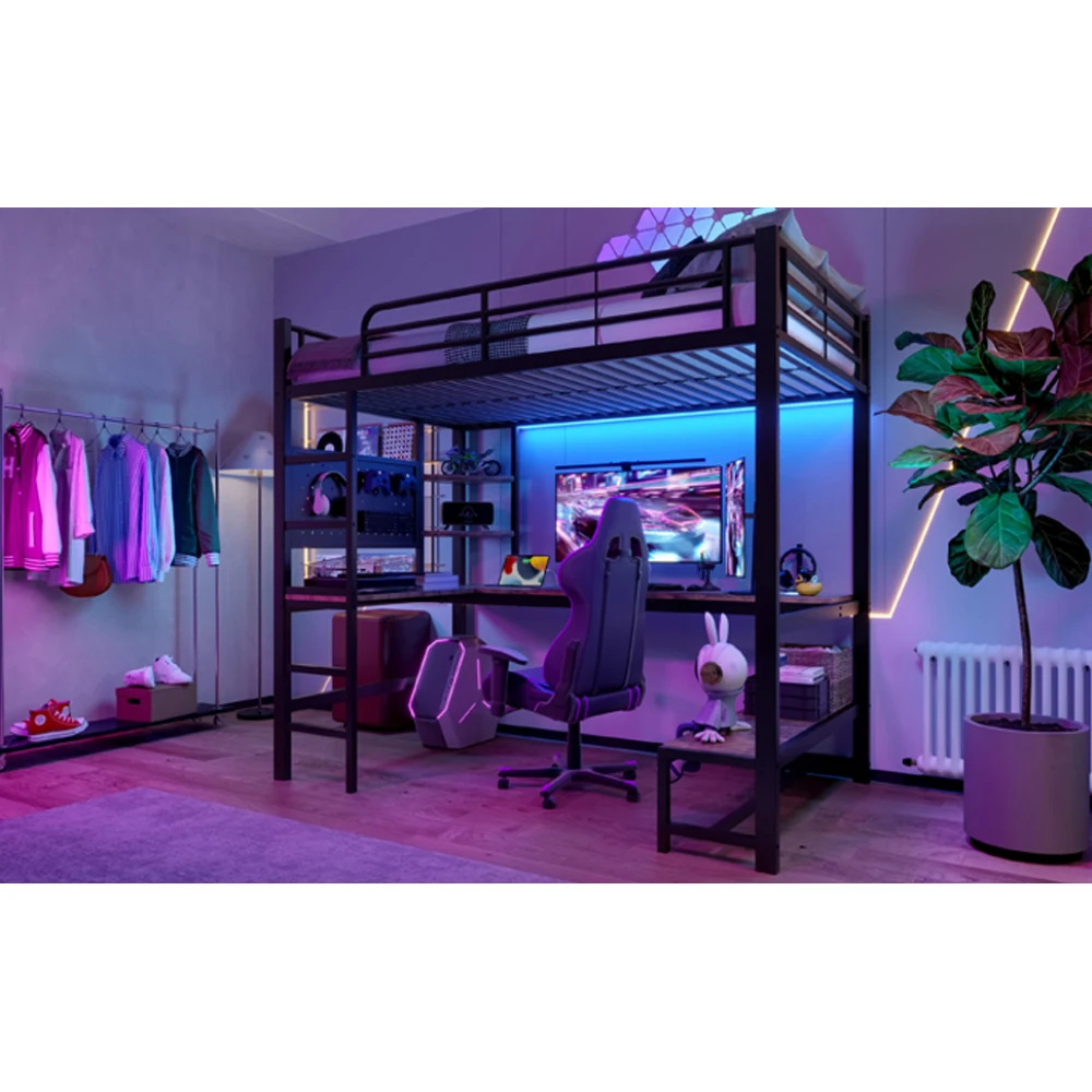 90 x 200 cm großes Hochbett, Eisenrahmen, Schreibtisch, Geländer, Rolltreppe, mit USB+Typ-C-Buchse und LED-Leiste, mit perforiertem Brett, ohne Matratze – Detail 24